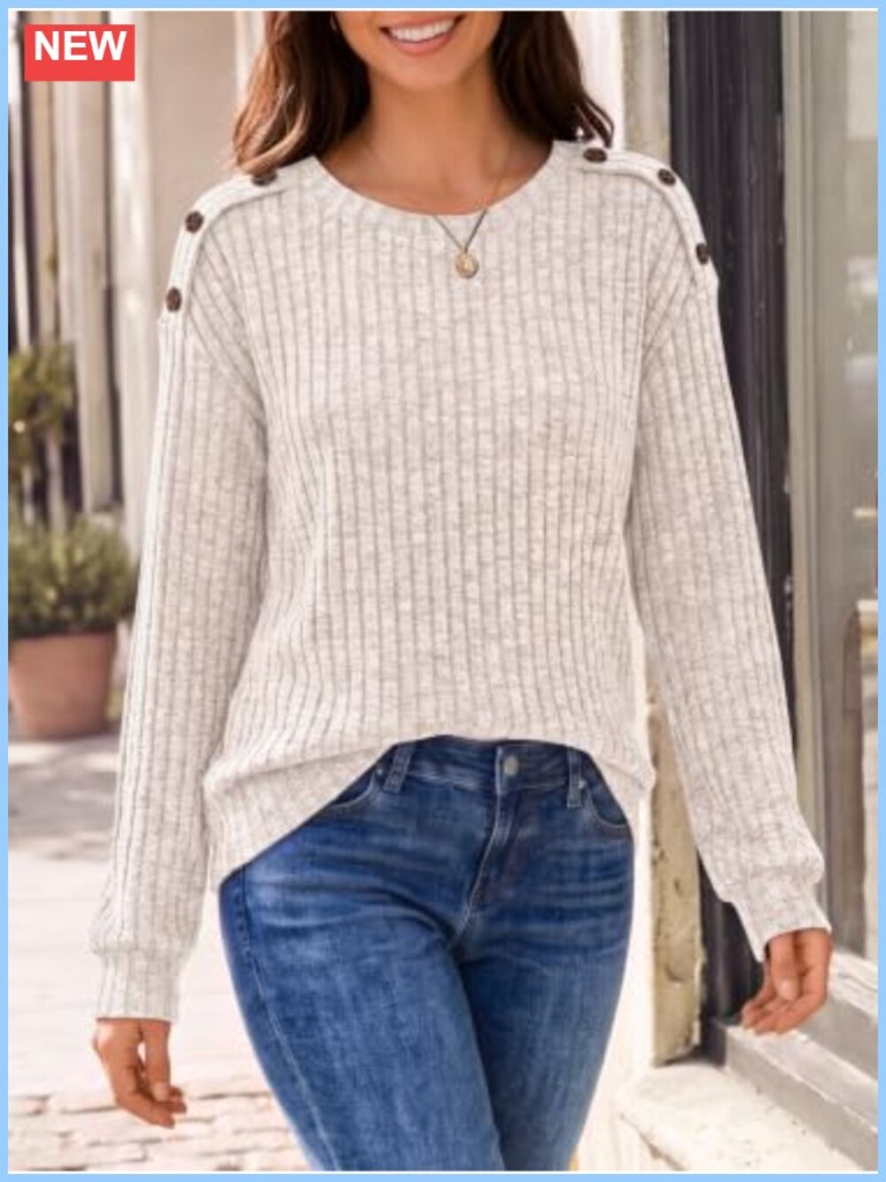 Long Sleeve Ribbed Knit Top with Resin Button Trim Fall Layering - Picture 4 of 5